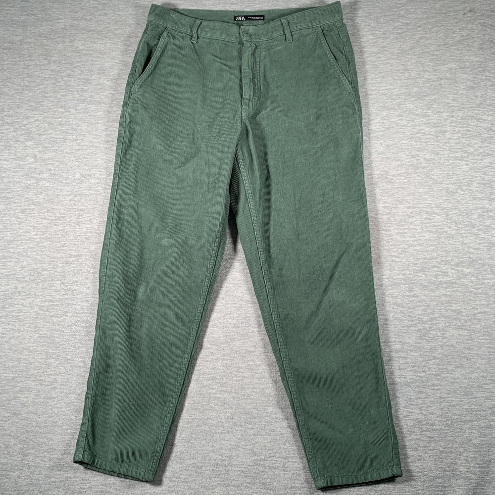 Zara Pants Mens 32x27 Green Regular Fit Corduroy Chino Flat Front Casual Office